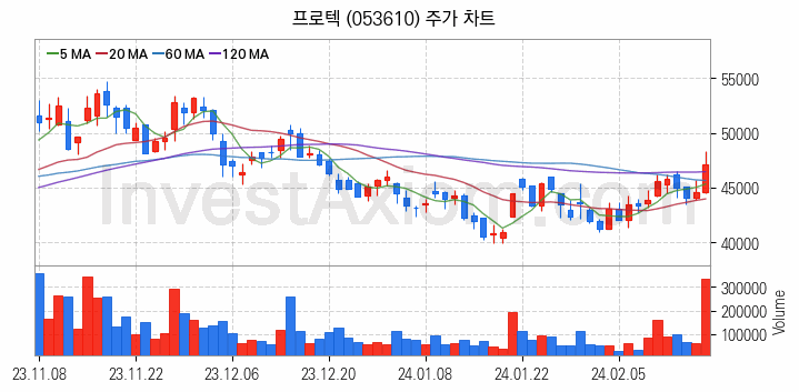 반도체 장비 관련주 프로텍 주식 종목의 분석 시점 기준 최근 일봉 차트