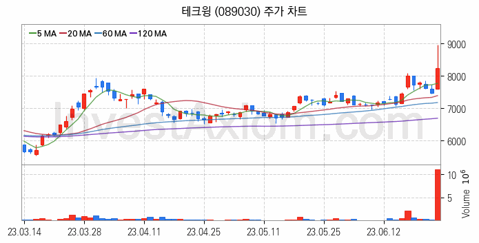 반도체 장비 관련주 테크윙 주식 종목의 분석 시점 기준 최근 일봉 차트