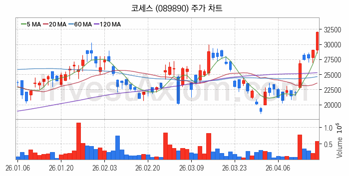 반도체 장비 관련주 코세스 주식 종목의 분석 시점 기준 최근 일봉 차트