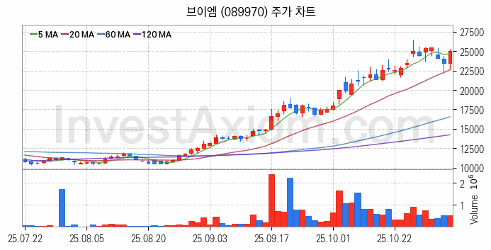 반도체 장비 관련주 브이엠 주식 종목의 분석 시점 기준 최근 일봉 차트