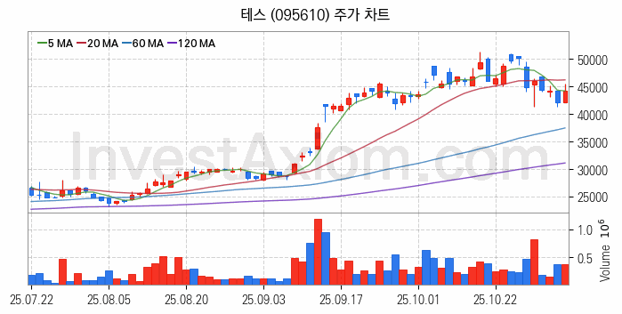 반도체 장비 관련주 테스 주식 종목의 분석 시점 기준 최근 일봉 차트