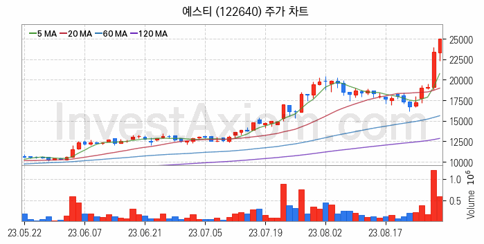 반도체 장비 관련주 예스티 주식 종목의 분석 시점 기준 최근 일봉 차트