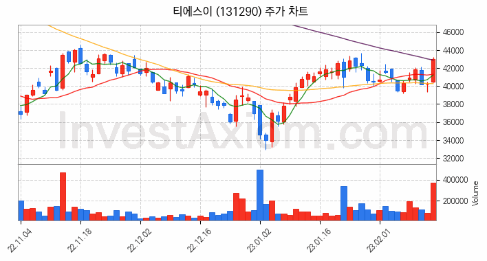 반도체 장비 관련주 티에스이 주식 종목의 분석 시점 기준 최근 일봉 차트