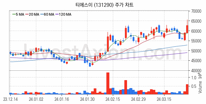 반도체 장비 관련주 티에스이 주식 종목의 분석 시점 기준 최근 일봉 차트