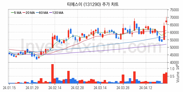 반도체 장비 관련주 티에스이 주식 종목의 분석 시점 기준 최근 일봉 차트