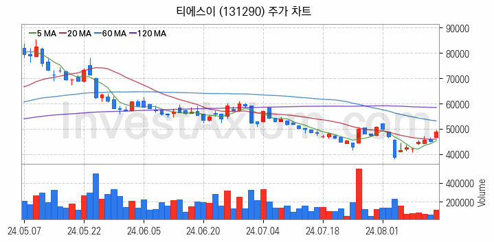 반도체 장비 관련주 티에스이 주식 종목의 분석 시점 기준 최근 일봉 차트