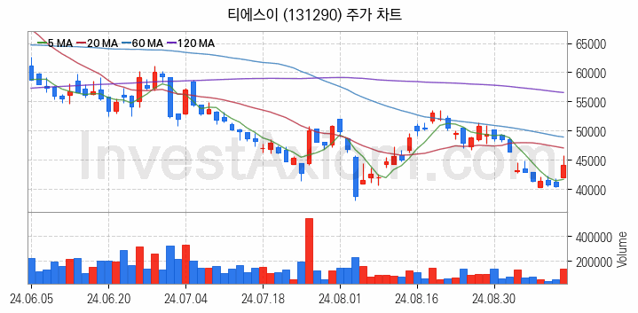 반도체 장비 관련주 티에스이 주식 종목의 분석 시점 기준 최근 일봉 차트