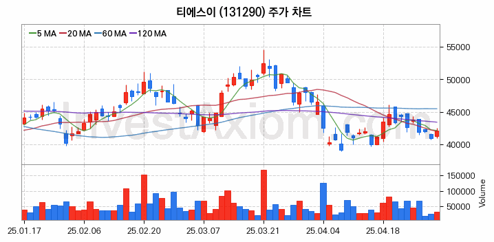 반도체 장비 관련주 티에스이 주식 종목의 분석 시점 기준 최근 일봉 차트