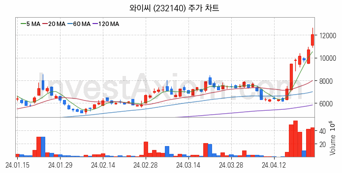 반도체 장비 관련주 와이씨 주식 종목의 분석 시점 기준 최근 일봉 차트