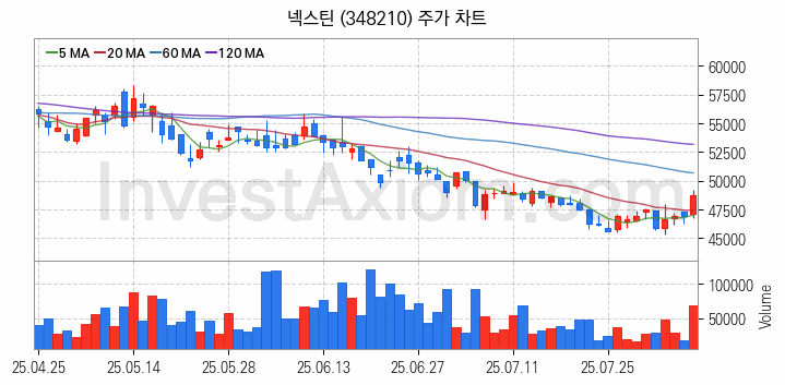 반도체 장비 관련주 넥스틴 주식 종목의 분석 시점 기준 최근 일봉 차트