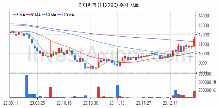 반도체 재료 부품 관련주 와이씨켐 주식 종목의 분석 시점 기준 최근 일봉 차트