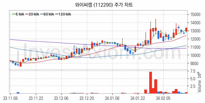 반도체 재료 부품 관련주 와이씨켐 주식 종목의 분석 시점 기준 최근 일봉 차트