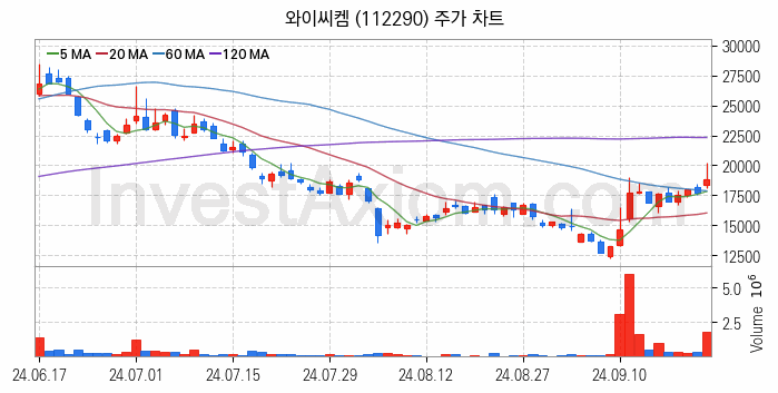 반도체 재료 부품 관련주 와이씨켐 주식 종목의 분석 시점 기준 최근 일봉 차트