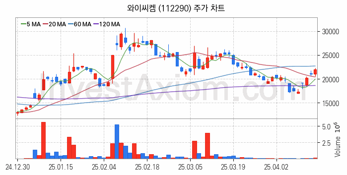 반도체 재료 부품 관련주 와이씨켐 주식 종목의 분석 시점 기준 최근 일봉 차트
