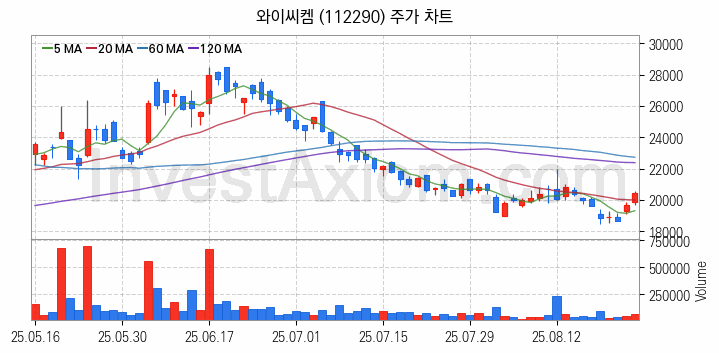 반도체 재료 부품 관련주 와이씨켐 주식 종목의 분석 시점 기준 최근 일봉 차트