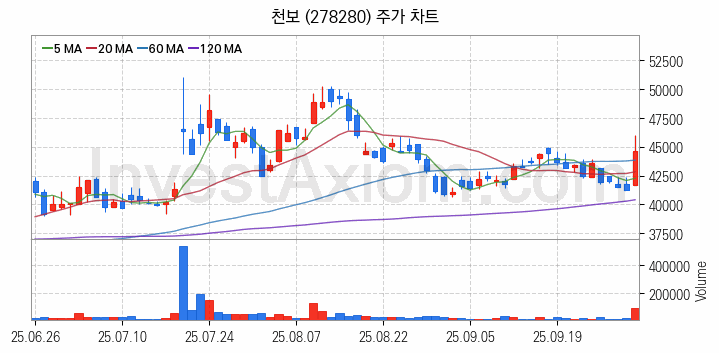 반도체 재료 부품 관련주 천보 주식 종목의 분석 시점 기준 최근 일봉 차트