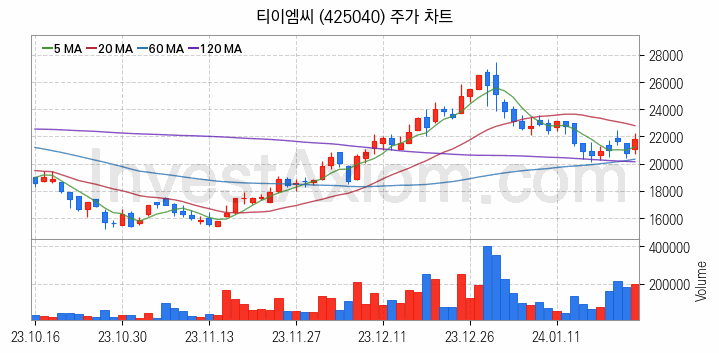 반도체 재료 부품 관련주 티이엠씨 주식 종목의 분석 시점 기준 최근 일봉 차트