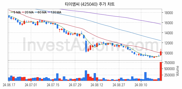 반도체 재료 부품 관련주 티이엠씨 주식 종목의 분석 시점 기준 최근 일봉 차트