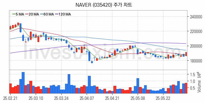 블록체인 관련주 NAVER 주식 종목의 분석 시점 기준 최근 일봉 차트