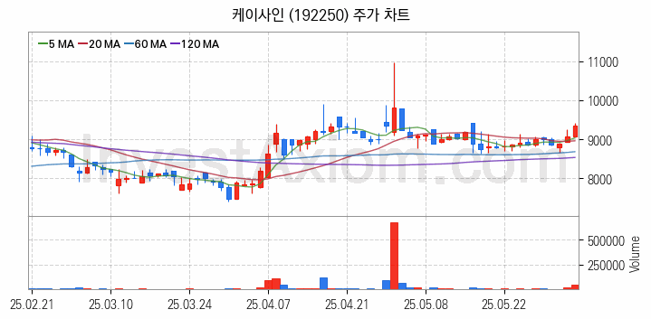 블록체인 관련주 케이사인 주식 종목의 분석 시점 기준 최근 일봉 차트