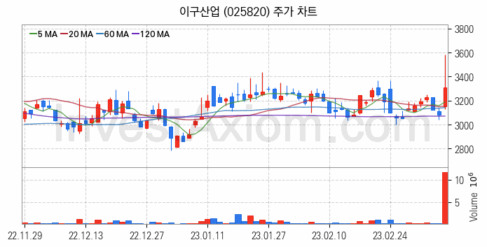 비철금속 관련주 이구산업 주식 종목의 분석 시점 기준 최근 일봉 차트