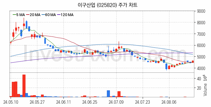 비철금속 관련주 이구산업 주식 종목의 분석 시점 기준 최근 일봉 차트