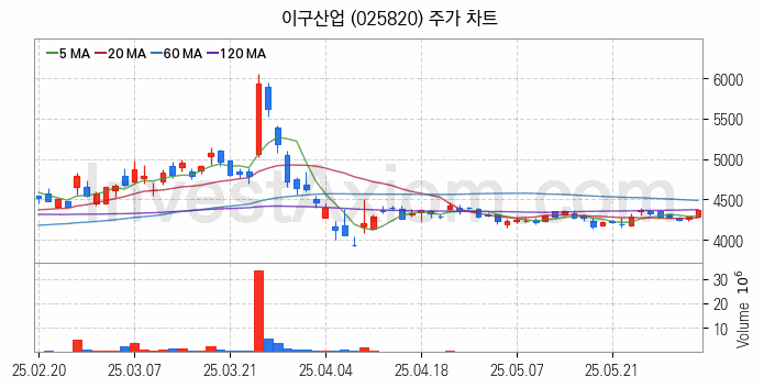 비철금속 관련주 이구산업 주식 종목의 분석 시점 기준 최근 일봉 차트