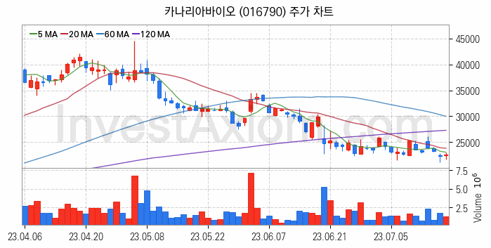 사료 관련주 카나리아바이오 주식 종목의 분석 시점 기준 최근 일봉 차트