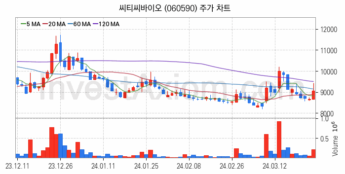 사료 관련주 씨티씨바이오 주식 종목의 분석 시점 기준 최근 일봉 차트