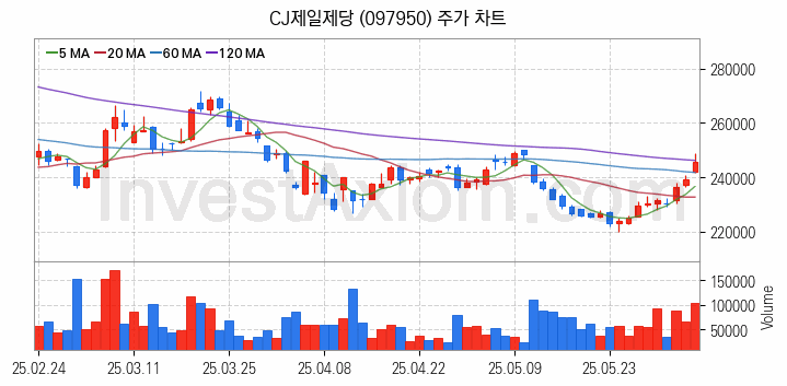 사료 관련주 CJ제일제당 주식 종목의 분석 시점 기준 최근 일봉 차트