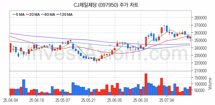 사료 관련주 CJ제일제당 주식 종목의 분석 시점 기준 최근 일봉 차트