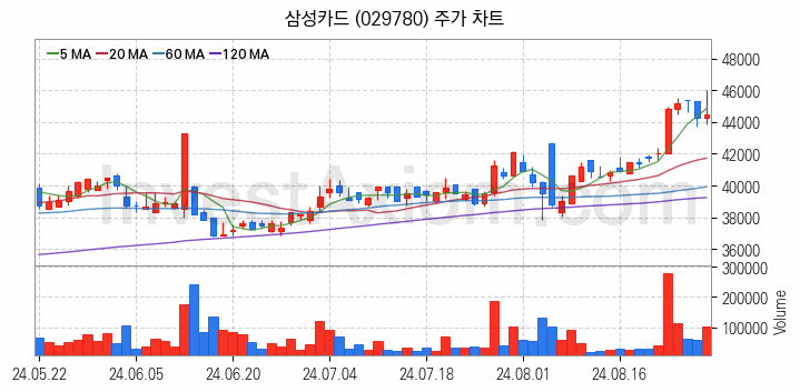 삼성페이 관련주 삼성카드 주식 종목의 분석 시점 기준 최근 일봉 차트