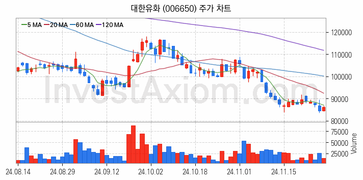 석유화학 관련주 대한유화 주식 종목의 분석 시점 기준 최근 일봉 차트