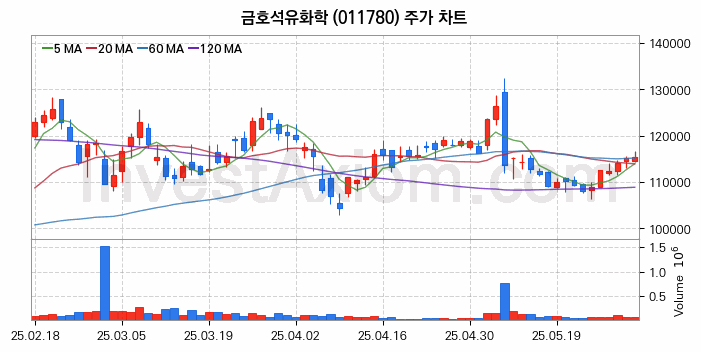 석유화학 관련주 금호석유화학 주식 종목의 분석 시점 기준 최근 일봉 차트