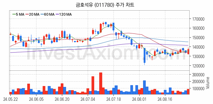 석유화학 관련주 금호석유 주식 종목의 분석 시점 기준 최근 일봉 차트