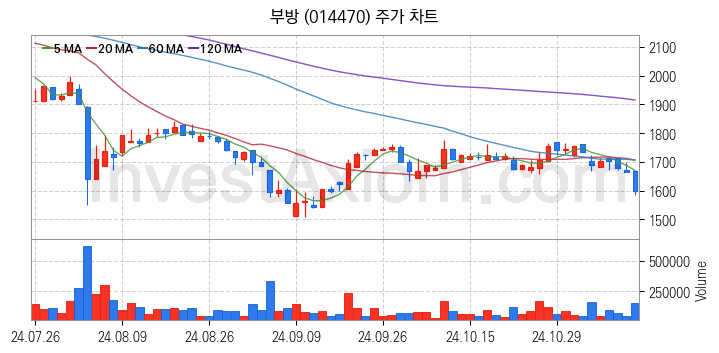 선박평형수 처리장치 관련주 부방 주식 종목의 분석 시점 기준 최근 일봉 차트