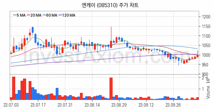 선박평형수 처리장치 관련주 엔케이 주식 종목의 분석 시점 기준 최근 일봉 차트