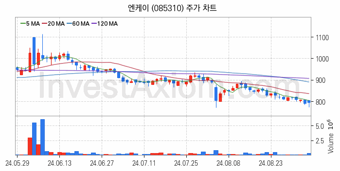 선박평형수 처리장치 관련주 엔케이 주식 종목의 분석 시점 기준 최근 일봉 차트