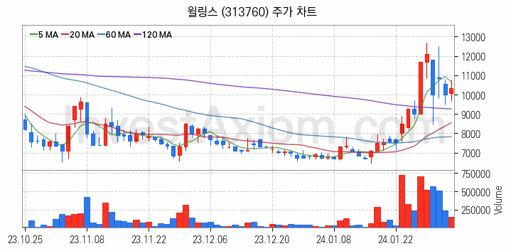 선박평형수 처리장치 관련주 윌링스 주식 종목의 분석 시점 기준 최근 일봉 차트