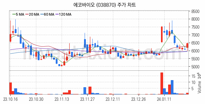 수소차 관련주 에코바이오 주식 종목의 분석 시점 기준 최근 일봉 차트