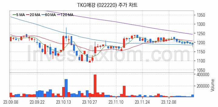 수자원 개선 관련주 TKG애강 주식 종목의 분석 시점 기준 최근 일봉 차트