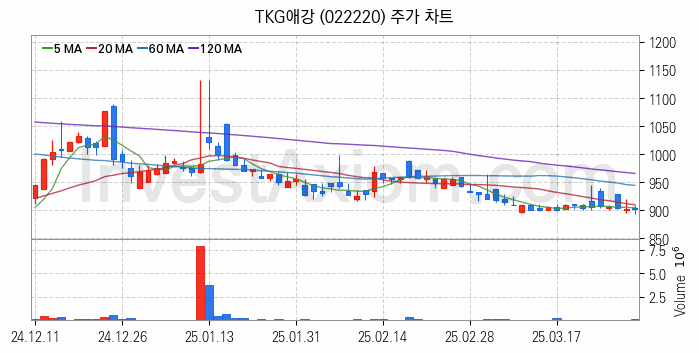 수자원 개선 관련주 TKG애강 주식 종목의 분석 시점 기준 최근 일봉 차트