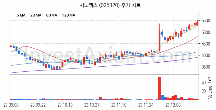 수자원 개선 관련주 시노펙스 주식 종목의 분석 시점 기준 최근 일봉 차트