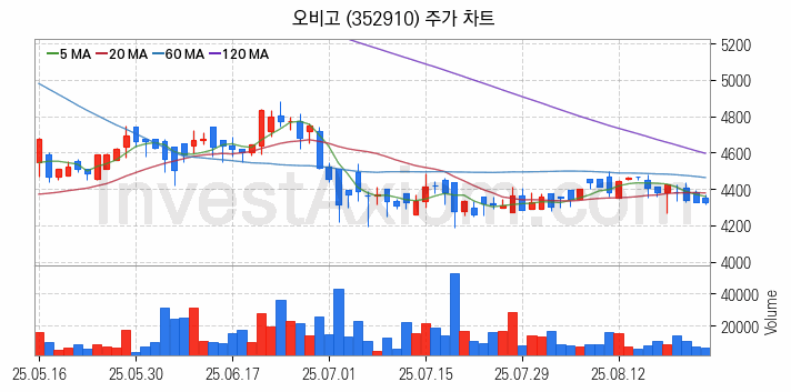스마트카 관련주 오비고 주식 종목의 분석 시점 기준 최근 일봉 차트