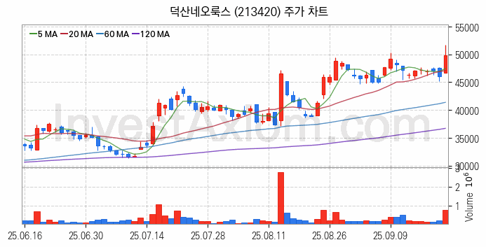 스마트폰 관련주 덕산네오룩스 주식 종목의 분석 시점 기준 최근 일봉 차트