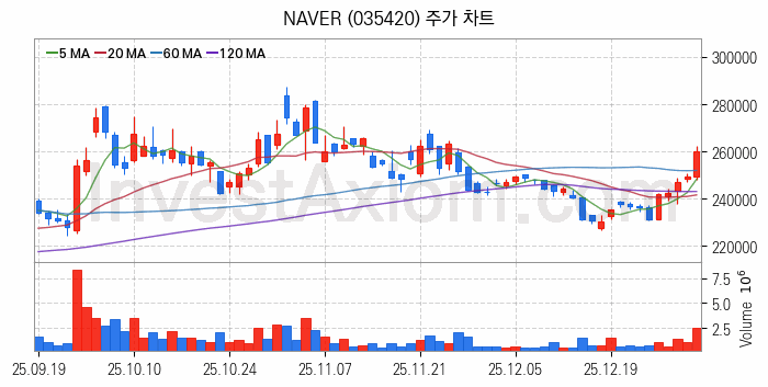스테이블코인 관련주 NAVER 주식 종목의 분석 시점 기준 최근 일봉 차트
