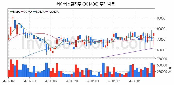 스페이스X 관련주 세아베스틸지주 주식 종목의 분석 시점 기준 최근 일봉 차트