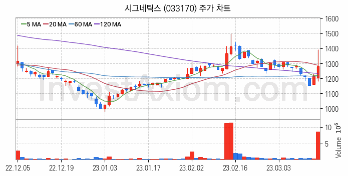 시스템반도체 관련주 시그네틱스 주식 종목의 분석 시점 기준 최근 일봉 차트