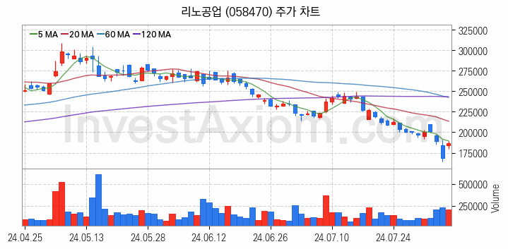 시스템반도체 관련주 리노공업 주식 종목의 분석 시점 기준 최근 일봉 차트