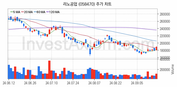 시스템반도체 관련주 리노공업 주식 종목의 분석 시점 기준 최근 일봉 차트